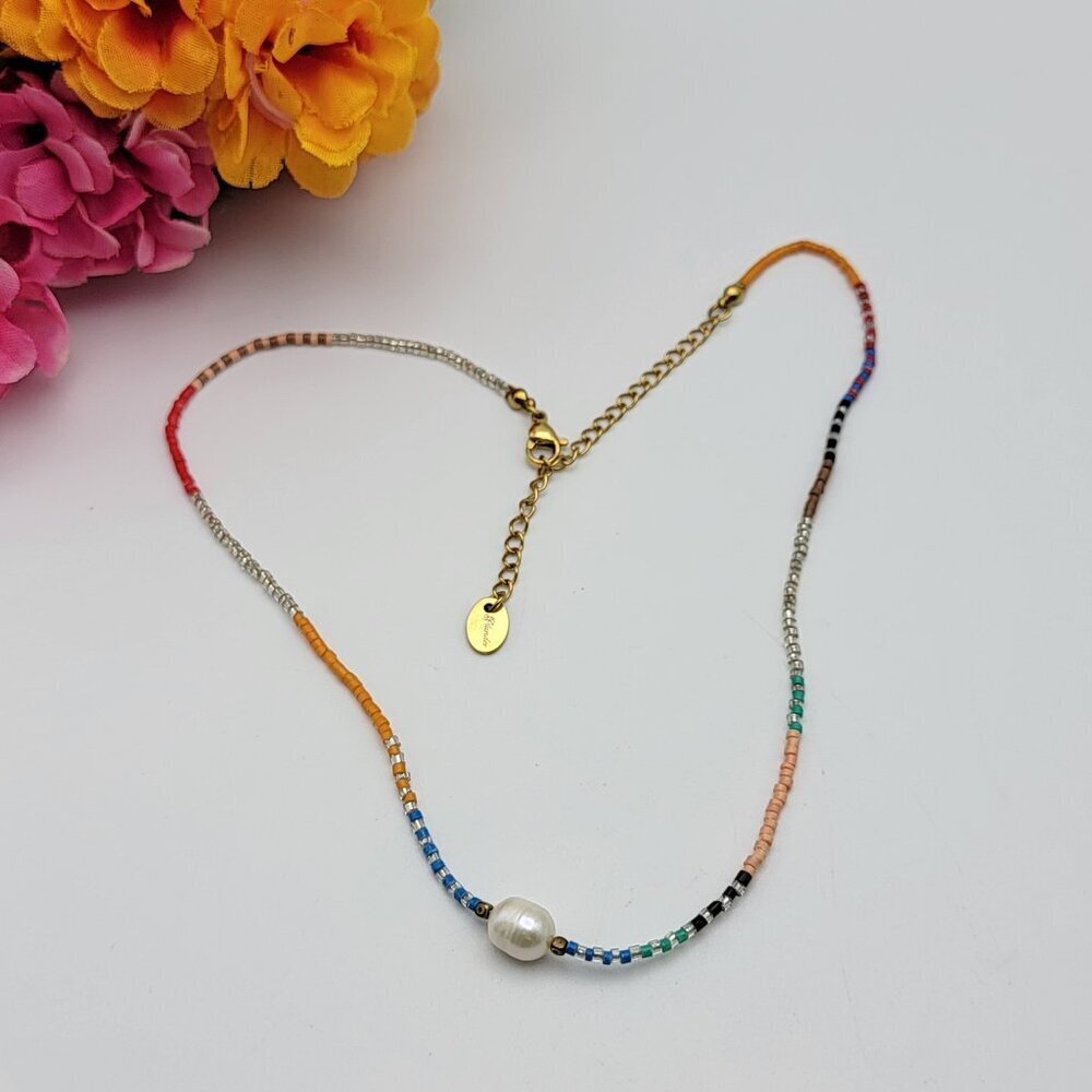 Plunder Design Baroque Pearl Charm Necklace Multicolor Seed Bead Heishi Boho 17"
